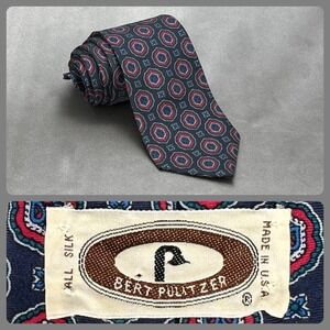 Bert Pulitzer Vintage 90's Silk Necktie Mens Geometric Navy Maroon USA Work Tie